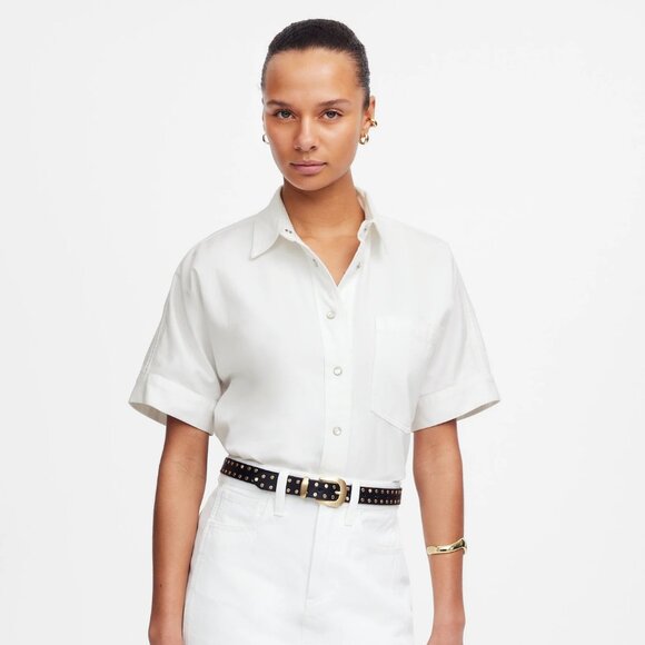 Madewell Denim Short-Sleeve Shirt in Pure White, Size Medium - Picture 1 of 12